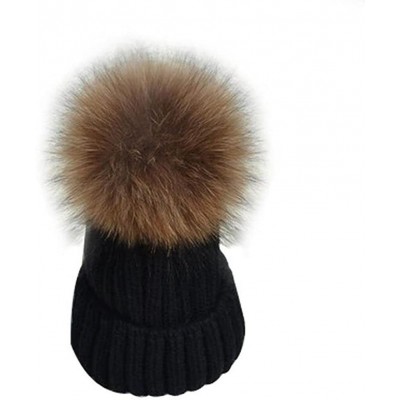 Skullies & Beanies Womens Girls Knitted Fur Hat Real Large Silver Fox Fur Pom Pom Beanie Hats - Black(real Raccoon Fur) - C41...