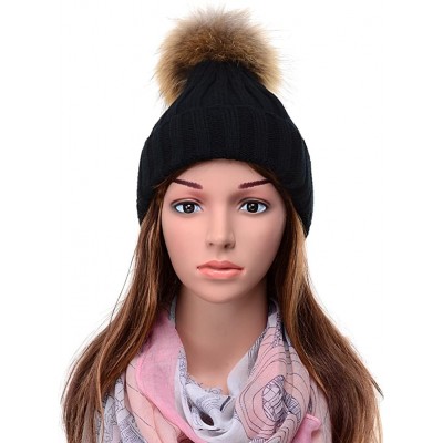 Skullies & Beanies Womens Girls Knitted Fur Hat Real Large Silver Fox Fur Pom Pom Beanie Hats - Black(real Raccoon Fur) - C41...