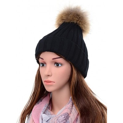 Skullies & Beanies Womens Girls Knitted Fur Hat Real Large Silver Fox Fur Pom Pom Beanie Hats - Black(real Raccoon Fur) - C41...