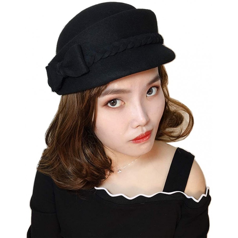 Berets Womens Bowknot 100% Wool Fall Winter Derby Hat Doom Cloche Hat - Black - CE187C5U37U $21.49