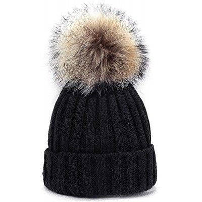 Skullies & Beanies Womens Girls Knitted Fur Hat Real Large Silver Fox Fur Pom Pom Beanie Hats - Black(real Raccoon Fur) - C41...