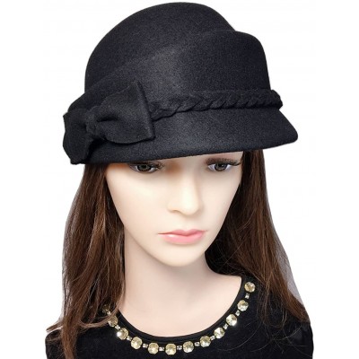 Berets Womens Bowknot 100% Wool Fall Winter Derby Hat Doom Cloche Hat - Black - CE187C5U37U $21.49