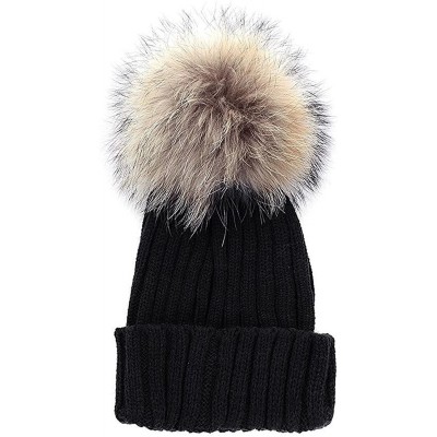 Skullies & Beanies Womens Girls Knitted Fur Hat Real Large Silver Fox Fur Pom Pom Beanie Hats - Black(real Raccoon Fur) - C41...