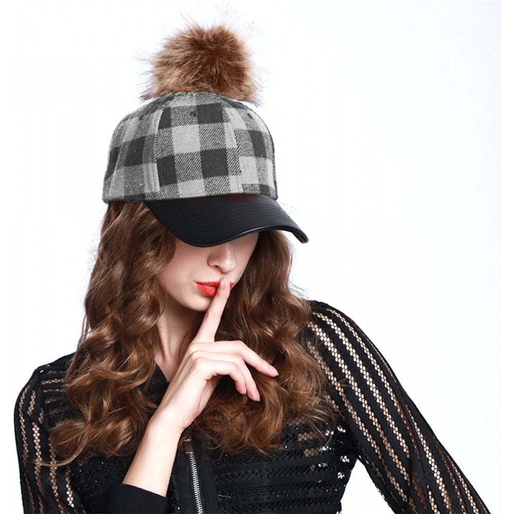 Baseball Caps Buffalo Plaid Baseball Caps with Fuax Fur Pom Pom - Gray - CX12MYXVD2Z $17.22