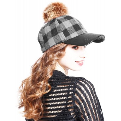 Baseball Caps Buffalo Plaid Baseball Caps with Fuax Fur Pom Pom - Gray - CX12MYXVD2Z $17.22