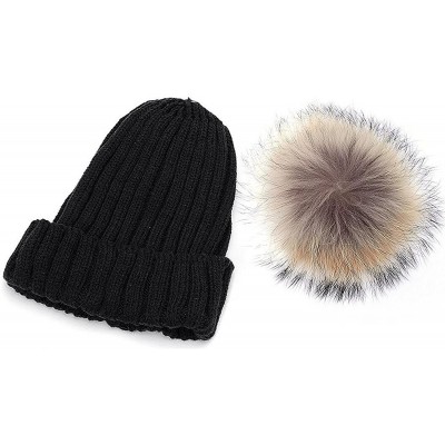 Skullies & Beanies Womens Girls Knitted Fur Hat Real Large Silver Fox Fur Pom Pom Beanie Hats - Black(real Raccoon Fur) - C41...