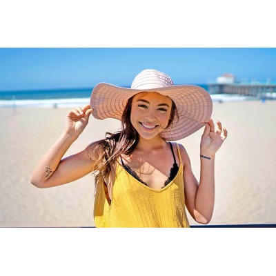 Sun Hats Floppy Women Sun Hat Foldable Large Brim Hat with Ribbon - Beige - CI123WQTO6L $10.00