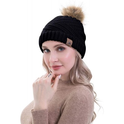 Skullies & Beanies Women Winter Knit Beanie with Fur Pompom Slouchy Cozy Warm Hat Girl Oversize Stretchy Snowboarding Ski Cap...