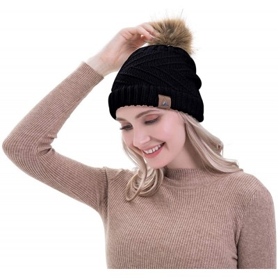 Skullies & Beanies Women Winter Knit Beanie with Fur Pompom Slouchy Cozy Warm Hat Girl Oversize Stretchy Snowboarding Ski Cap...