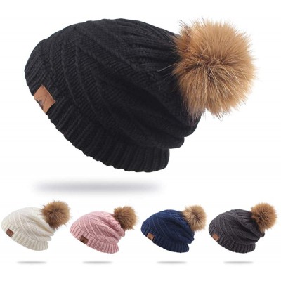 Skullies & Beanies Women Winter Knit Beanie with Fur Pompom Slouchy Cozy Warm Hat Girl Oversize Stretchy Snowboarding Ski Cap...