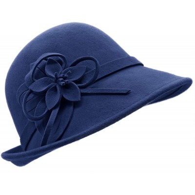 Bucket Hats Women Solid Color Winter Hat 100% Wool Cloche Bucket with Bow Accent - Style2_navy - CN18LZK2WA5 $26.81