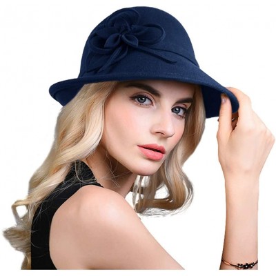 Bucket Hats Women Solid Color Winter Hat 100% Wool Cloche Bucket with Bow Accent - Style2_navy - CN18LZK2WA5 $26.81