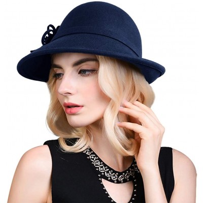 Bucket Hats Women Solid Color Winter Hat 100% Wool Cloche Bucket with Bow Accent - Style2_navy - CN18LZK2WA5 $26.81