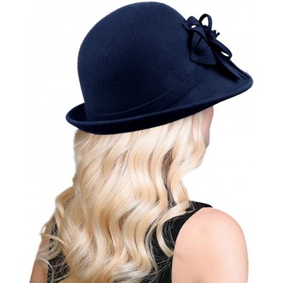 Bucket Hats Women Solid Color Winter Hat 100% Wool Cloche Bucket with Bow Accent - Style2_navy - CN18LZK2WA5 $26.81