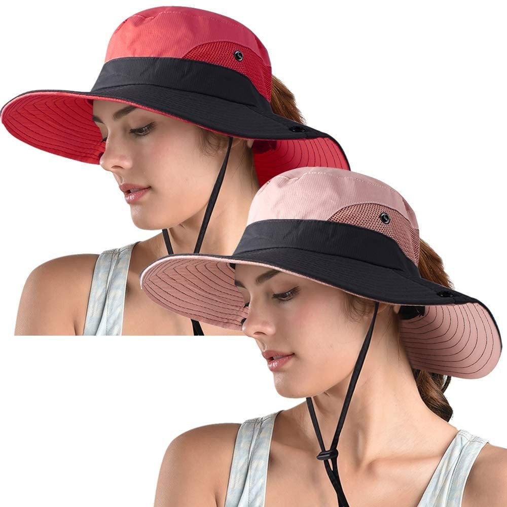 Sun Hats Women's Ponytail Safari Sun Hat-Wide Brim UV Protection Outdoor Bucket Hat-Foldable Beach Summer Fishing Hat - CK18R...