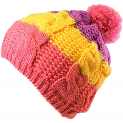 Berets Warm Winter Ski Stripe Pompom Crochet Knit Beanie Beret Cap Hat - Pink - CU11N3HBM6F $7.20