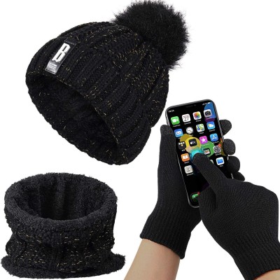 Skullies & Beanies Women Pom Knitted Beanie Hat Scarf Touch Screen Gloves Set with Fleece Lining - CU192ZYR73A $23.74