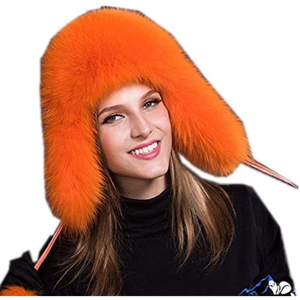 Bomber Hats Mens Winter Hat Real Fox Fur Genuine Leather Russian Ushanka Hats - Orange - CB18Z57ONIW $46.51