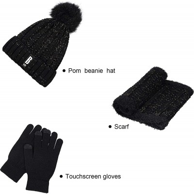 Skullies & Beanies Women Pom Knitted Beanie Hat Scarf Touch Screen Gloves Set with Fleece Lining - CU192ZYR73A $13.25