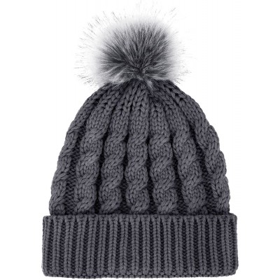 Skullies & Beanies Womens Winter Hand Knit Faux Fur Pompoms Beanie Hat - Charcoal - CL11TNB3LI7 $17.49