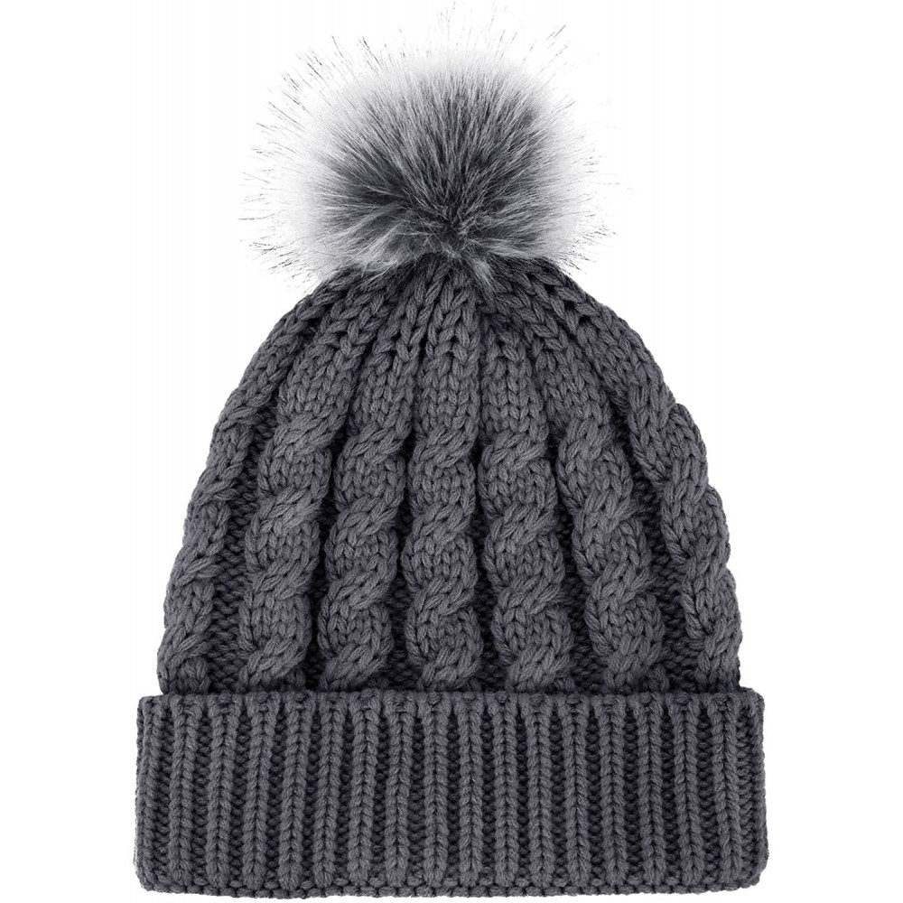 Skullies & Beanies Womens Winter Hand Knit Faux Fur Pompoms Beanie Hat - Charcoal - CL11TNB3LI7 $17.49