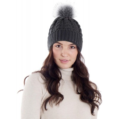 Skullies & Beanies Womens Winter Hand Knit Faux Fur Pompoms Beanie Hat - Charcoal - CL11TNB3LI7 $17.49
