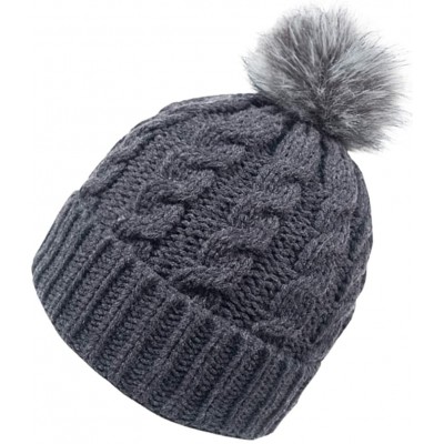 Skullies & Beanies Womens Winter Hand Knit Faux Fur Pompoms Beanie Hat - Charcoal - CL11TNB3LI7 $17.49
