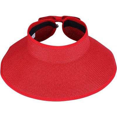 Sun Hats Roll-up Straw Sun Hat- Wide Brim Packable- Foldable- Adjustable Sun Visor Cap - Red - C818HW4IU0C $10.82