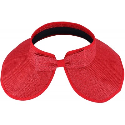 Sun Hats Roll-up Straw Sun Hat- Wide Brim Packable- Foldable- Adjustable Sun Visor Cap - Red - C818HW4IU0C $10.82