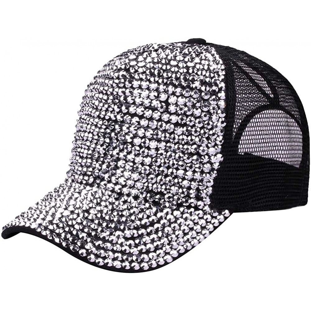 Baseball Caps Studded Rhinestone Bling Baseball Cap High Messy Bun Ponytail Adjustable Hat - Black - CM18EHCMXQY $17.49