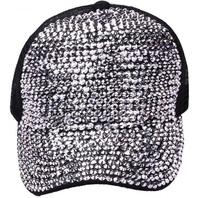 Baseball Caps Studded Rhinestone Bling Baseball Cap High Messy Bun Ponytail Adjustable Hat - Black - CM18EHCMXQY $17.49