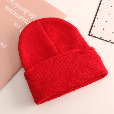 Skullies & Beanies Beanie Hat for Women Men Elastic Knit Warmer Ears Winter Ski Skull Cap Cuffed Solid Color - Red - C418AHGO...