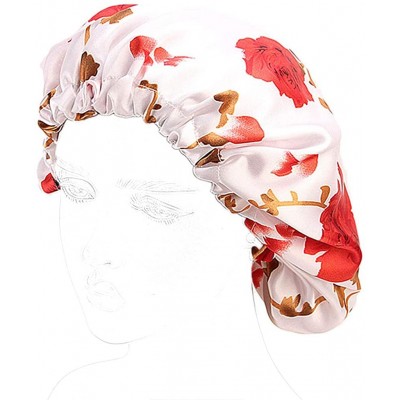 Skullies & Beanies Womens Satin Bonnet Faux Silk Sleep Cap Double Layer Floral Printed Headwear Adjustable Chemo Cap for Hair...