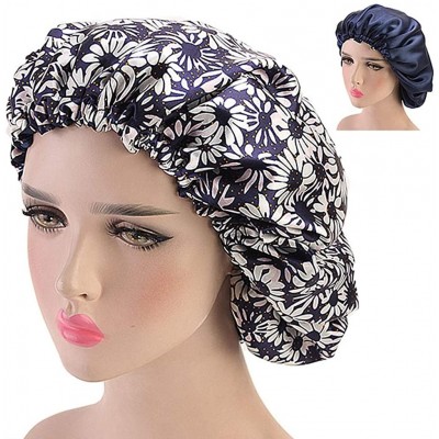 Skullies & Beanies Womens Satin Bonnet Faux Silk Sleep Cap Double Layer Floral Printed Headwear Adjustable Chemo Cap for Hair...