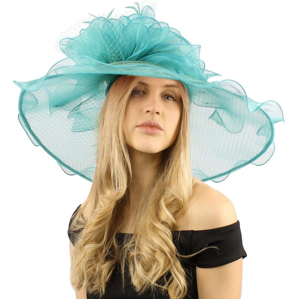 Sun Hats Fancy Diamond Netting Kentucky Derby Floppy Ruffle Wide 7" Dress Church Hat - Turquoise - C512CODII9R $46.09