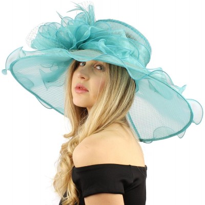 Sun Hats Fancy Diamond Netting Kentucky Derby Floppy Ruffle Wide 7" Dress Church Hat - Turquoise - C512CODII9R $46.09