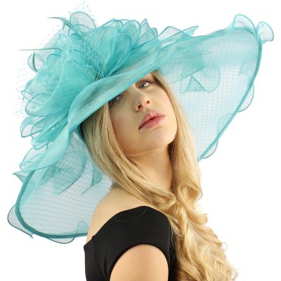 Sun Hats Fancy Diamond Netting Kentucky Derby Floppy Ruffle Wide 7" Dress Church Hat - Turquoise - C512CODII9R $46.09