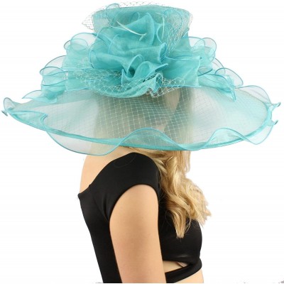 Sun Hats Fancy Diamond Netting Kentucky Derby Floppy Ruffle Wide 7" Dress Church Hat - Turquoise - C512CODII9R $46.09