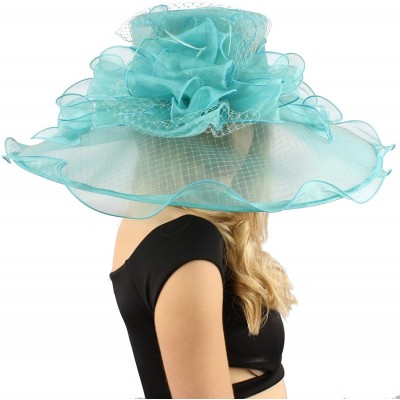 Sun Hats Fancy Diamond Netting Kentucky Derby Floppy Ruffle Wide 7" Dress Church Hat - Turquoise - C512CODII9R $46.09