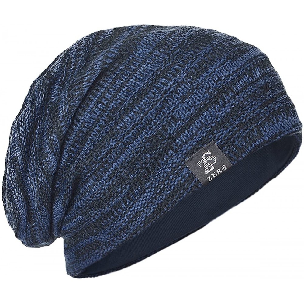 Skullies & Beanies Mens Slouchy Long Beanie Knit Cap for Summer Winter- Oversize - Navy With Black - CU128L6DNN7 $15.59