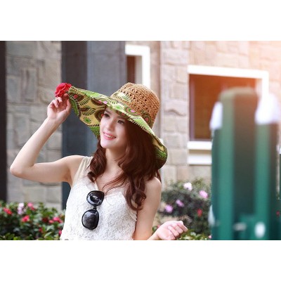 Sun Hats Sun Hat for Women Girls Large Wide Brim Straw Hats UV Protection Beach Packable Straw Caps - Flower A-khaki - CI18RI...