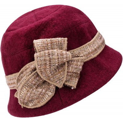 Bucket Hats Womens 1920s Gatsby Wool Flower Band Beret Beanie Cloche Bucket Hat A374 - Burgundy - CI12M2Q22QB $13.55