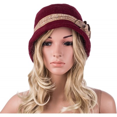 Bucket Hats Womens 1920s Gatsby Wool Flower Band Beret Beanie Cloche Bucket Hat A374 - Burgundy - CI12M2Q22QB $13.55