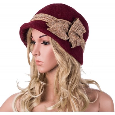 Bucket Hats Womens 1920s Gatsby Wool Flower Band Beret Beanie Cloche Bucket Hat A374 - Burgundy - CI12M2Q22QB $13.55