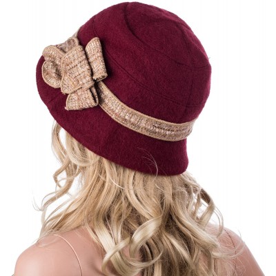 Bucket Hats Womens 1920s Gatsby Wool Flower Band Beret Beanie Cloche Bucket Hat A374 - Burgundy - CI12M2Q22QB $13.55