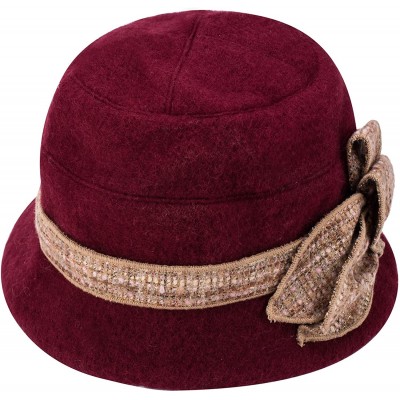 Bucket Hats Womens 1920s Gatsby Wool Flower Band Beret Beanie Cloche Bucket Hat A374 - Burgundy - CI12M2Q22QB $13.55