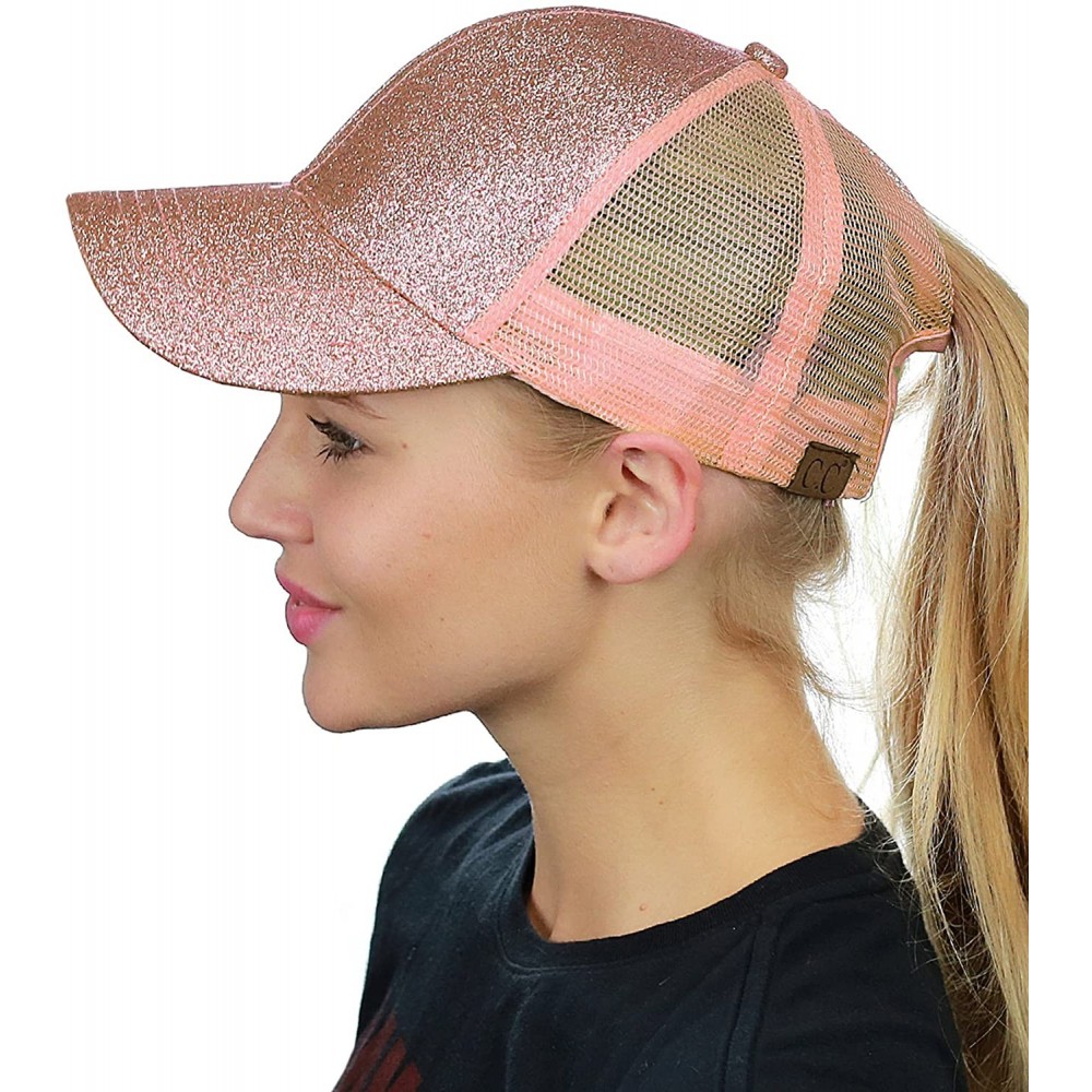 Baseball Caps Ponycap Messy High Bun Ponytail Adjustable Glitter Mesh Trucker Baseball Cap - Rose Gold - C818EIXHIWU $16.31