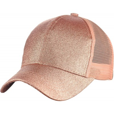 Baseball Caps Ponycap Messy High Bun Ponytail Adjustable Glitter Mesh Trucker Baseball Cap - Rose Gold - C818EIXHIWU $16.31