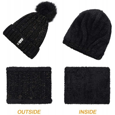 Skullies & Beanies Women Pom Knitted Beanie Hat Scarf Touch Screen Gloves Set with Fleece Lining - CU192ZYR73A $13.25