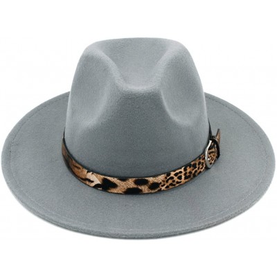 Fedoras Women's Wool Blend Panama Hats Wide Brim Fedora Trilby Caps Leopard Leather Band - Gray - CO1867CCT3I $15.96